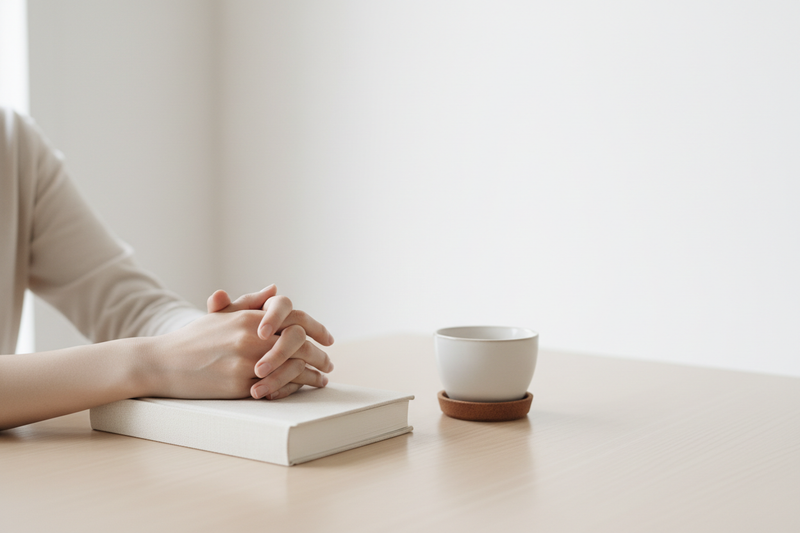 Book with folded hands and coffee cup